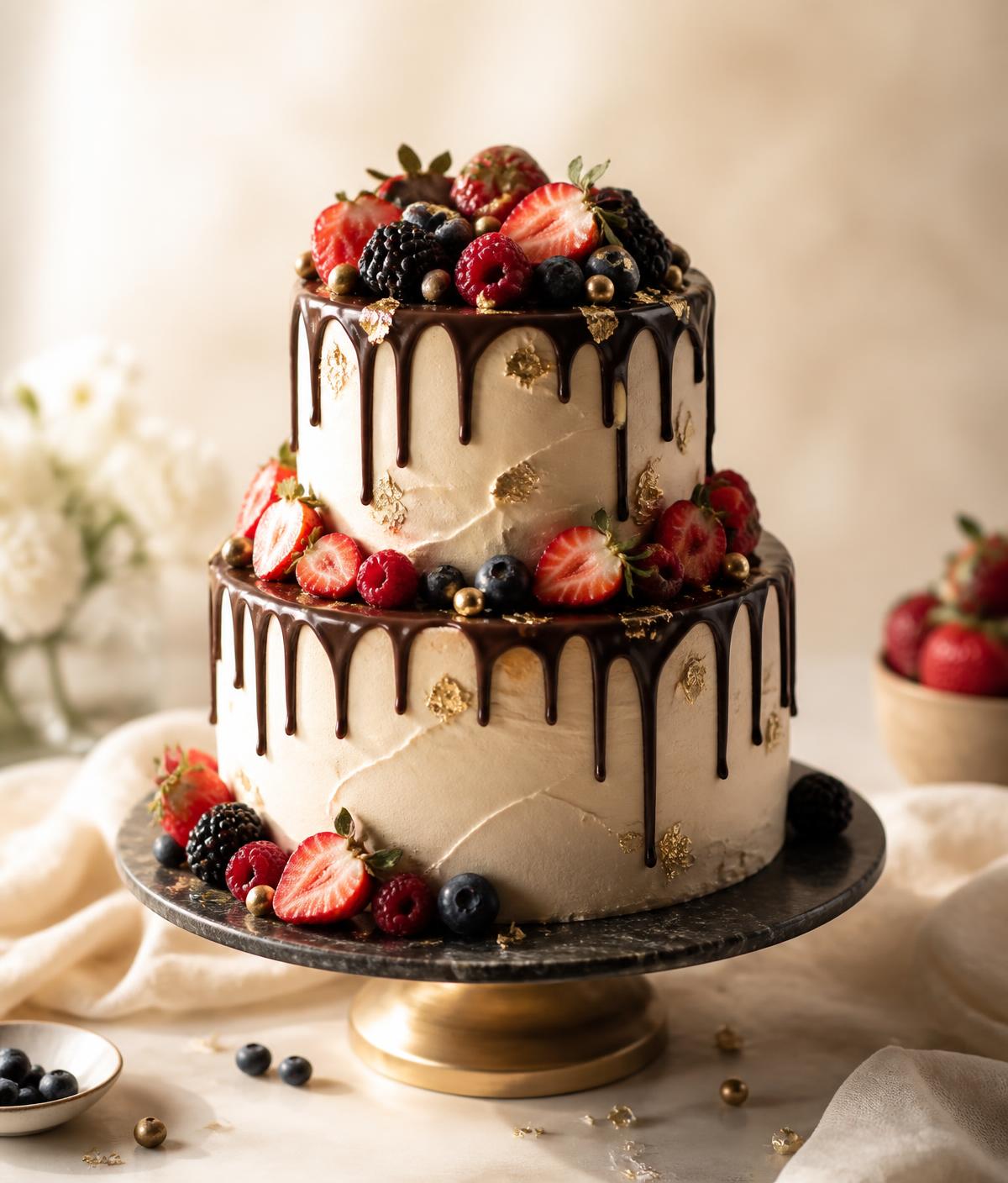 Two-tier celebration cake with gold accents by Goodies Cakes